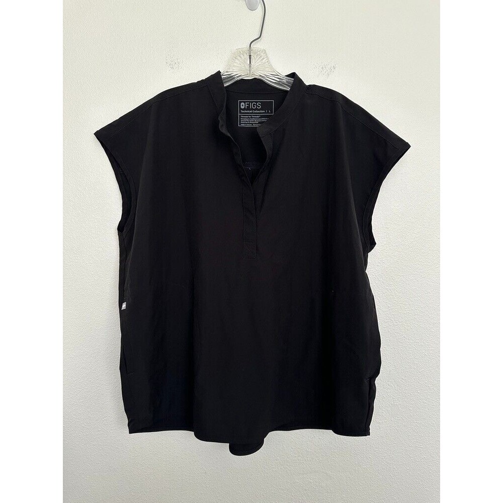 FIGS Rafaella Black Scrub Top Henley Sleeveless Medical Polyester Women's Large